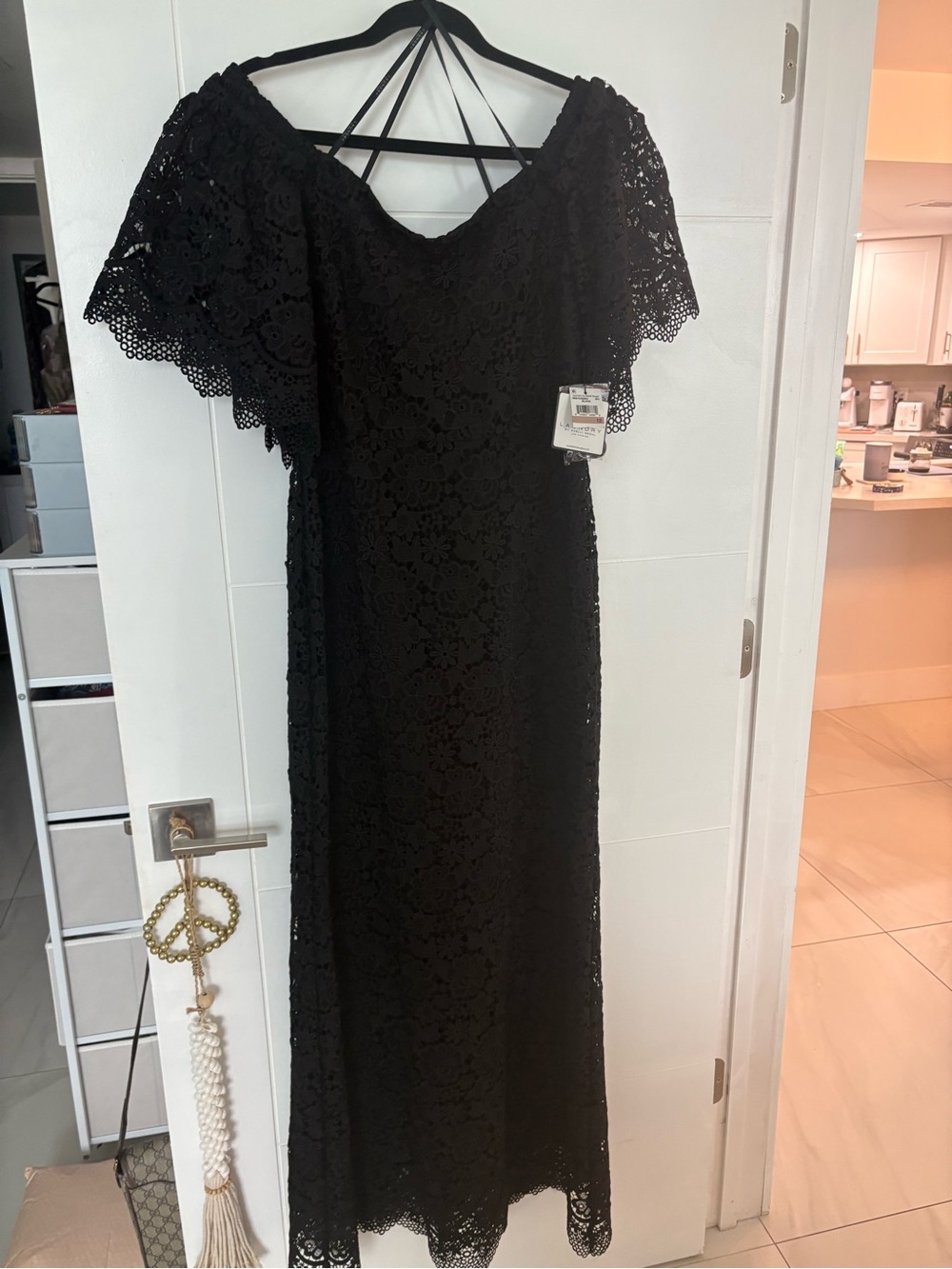 Laundry By Shelli Segal Black Lace Maxi Dress with Flutter Sleeves
